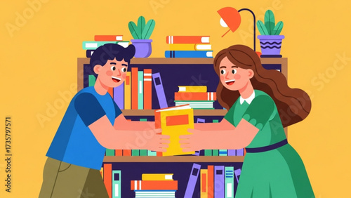 Young couple exchanging a book in front of a bookshelf filled with colorful books, creating a cozy and intellectual atmosphere.