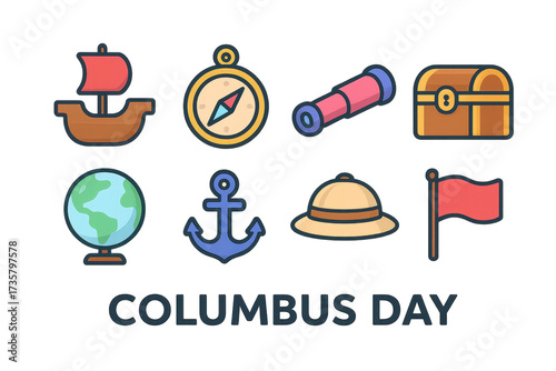 Columbus day icons. Exploration history themed columbus day items for educational projects, presentations, articles, and social media posts. Perfect for historical content.