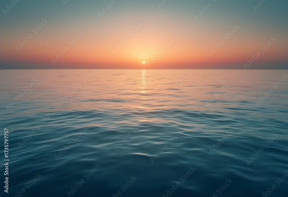 Fototapeta premium Serene Ocean Sunset: Golden Glow on Calm Water Horizon