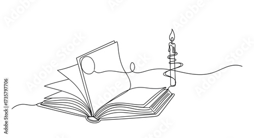 Open book with candle continuous line drawing vector illustration education and knowledge concept