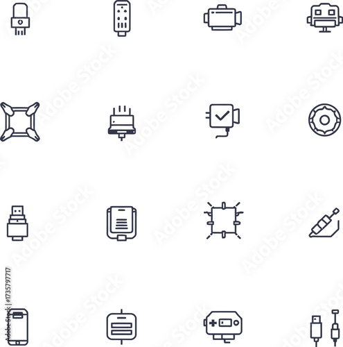Electronics icon set with LED, microcontroller, drone, USB, smartphone, and gaming controller in minimal black vector style