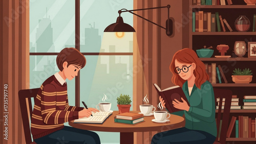 Young couple studying together at a cozy cafe near the window with books and coffee on the table, creating a warm and intellectual atmosphere.