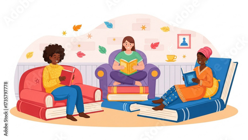 Diverse group of women reading books in cozy library setting, enjoying literature and relaxation in a peaceful and intellectual atmosphere.
