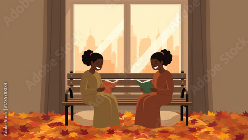 Two women reading books on a park bench surrounded by fallen leaves during autumn, creating a cozy and peaceful atmosphere in the city.