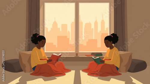 Woman reading book by window overlooking city skyline in cozy apartment, enjoying quiet time and peaceful atmosphere during golden hour light.