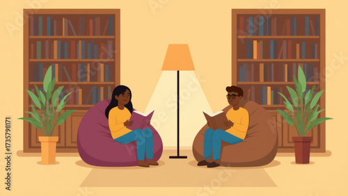 People are reading books while sitting on beanbag chairs in a cozy library with bookshelves and plants, creating a relaxing and intellectual atmosphere.