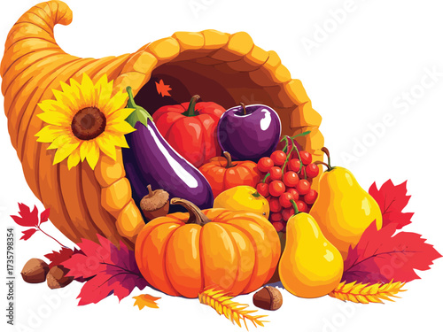 Cornucopia vector with pumpkins, fruits, vegetables, leaves, and berries in colorful autumn harvest and Thanksgiving theme