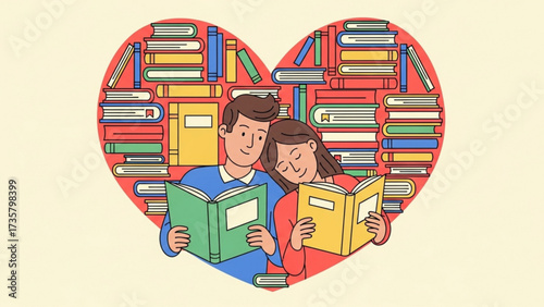Couple reading books together inside a heart made of books, symbolizing love for reading and knowledge in a cozy and romantic atmosphere.