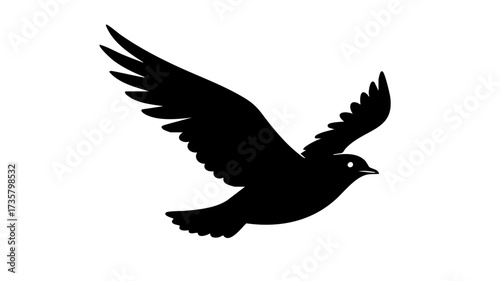Black silhouette of a bird with spread wings in flight against a white background.