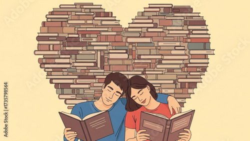 Couple reading books together indoors with heart shape made of books in the library, showcasing love for reading and knowledge in a cozy atmosphere.