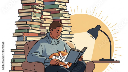 Man reading a book with his cat in a cozy armchair next to a large stack of books under a warm lamp, creating a peaceful and intellectual atmosphere.