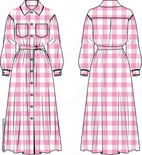 ladies long sleeve polo dress with check yarn dyed fabric
