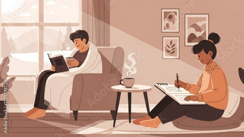 Couple relaxing at home reading and writing near window on a cozy winter day, enjoying peaceful time together in warm light, creating a serene atmosphere.