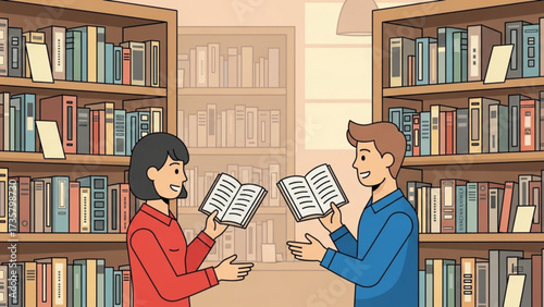 Two young adults exchanging books in a library with tall shelves filled with reading material, creating a friendly and intellectual atmosphere.
