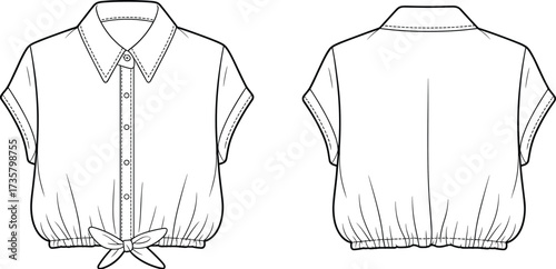 Flat sketch vector short sleeve button up blouse with collar and tie hem, fashion top apparel design cad template