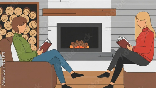 Couple reading books by the fireplace in cozy living room during winter, enjoying peaceful and relaxing time together in warm and inviting atmosphere.