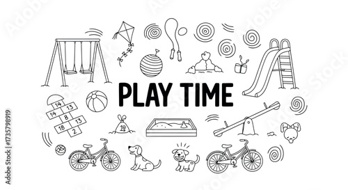 Playtime doodle illustration hand-drawn vector elements for kids activity isolated on white backgrou