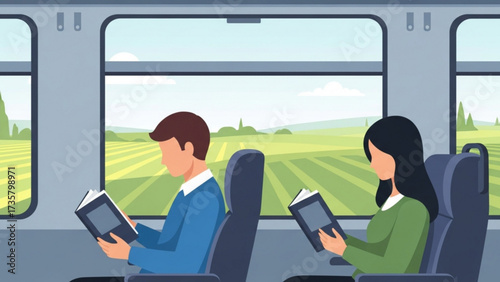 Passengers reading books while traveling by train through the countryside, enjoying a peaceful and relaxing journey with scenic views outside the window.