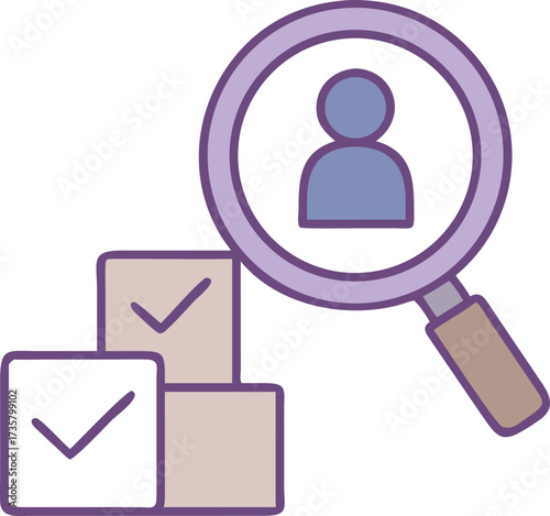 Recruitment process steps with candidate profile and magnifying glass icon