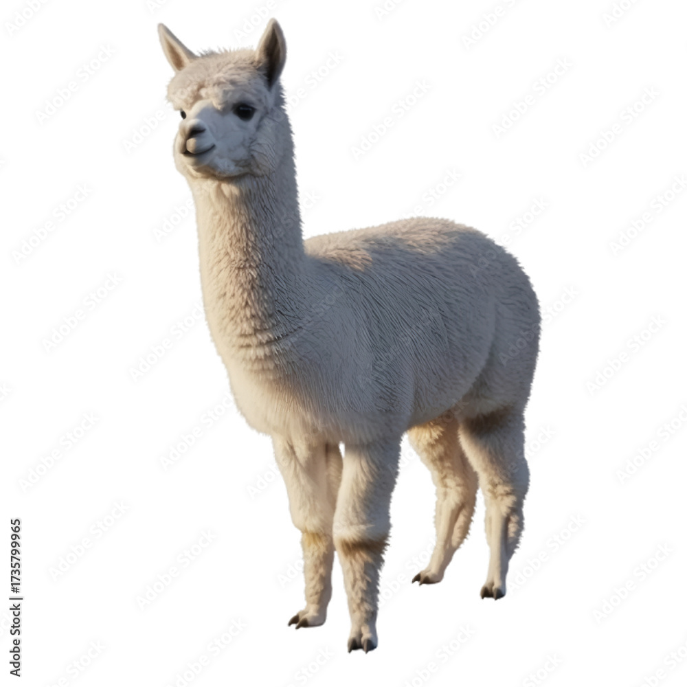 Obraz premium A fluffy white alpaca stands patiently, its soft fleece catching the light, showcasing its gentle demeanor and unique appearance against a clean white background.