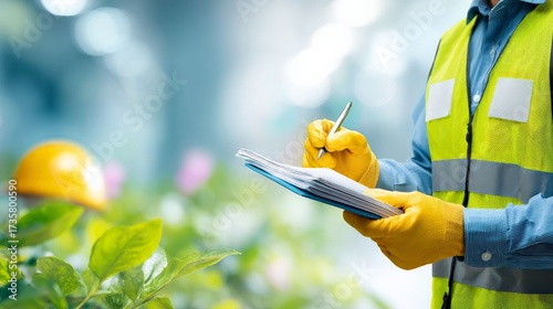 Environmental Inspector Documenting Observations: An environmental inspector meticulously records observations in a professional setting.