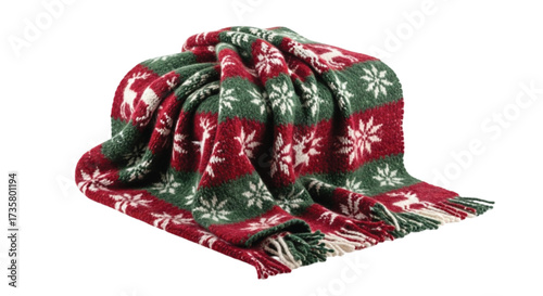 Cozy knitted holiday throw blanket with festive red, green, and white snowflake and reindeer pattern
