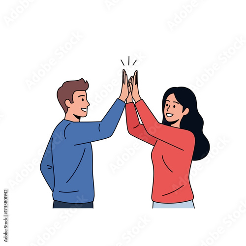 Happy people giving high five, jumping, celebrating success, achievement. Smiling man and woman partners greeting, hand clap gesture. Flat graphic vector illustration isolated on white background