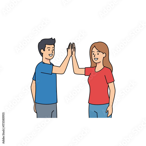 Happy people giving high five, jumping, celebrating success, achievement. Smiling man and woman partners greeting, hand clap gesture. Flat graphic vector illustration isolated on white background
