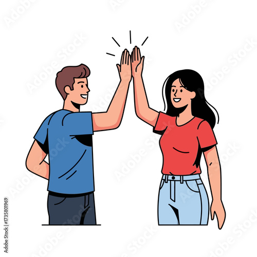 Happy people giving high five, jumping, celebrating success, achievement. Smiling man and woman partners greeting, hand clap gesture. Flat graphic vector illustration isolated on white background