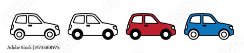 Illustration of four compact cars in varying colors, showcasing a simple vehicle design suitable for urban commuting and efficient transportation