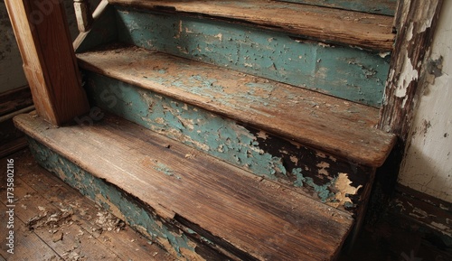 Weathered wooden staircase with peeling teal paint reveals layers of history.