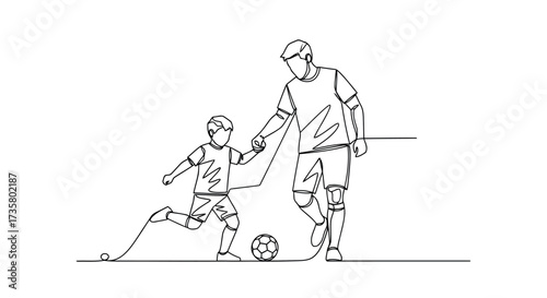 Single line drawing of father teaching son to play soccer family time continuous line vector illustr