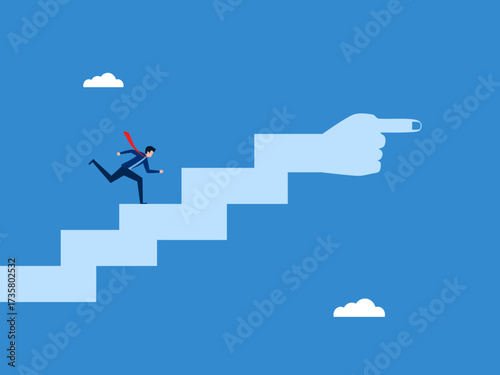 Businessman running up stairs with hands pointing in the right direction