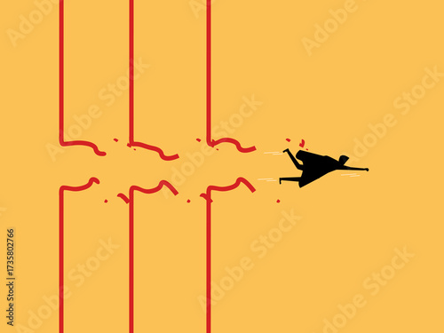 Businessman flies over obstacles