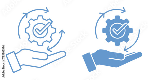 Illustration of a hand holding a gear with a checkmark and rotating arrows, , representing process optimization, efficiency, and quality control