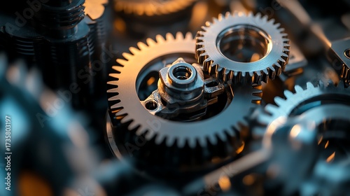 Extreme close-up of interlocking machinery gears in motion, showcasing intricate details and realistic clarity in a dynamic composition.