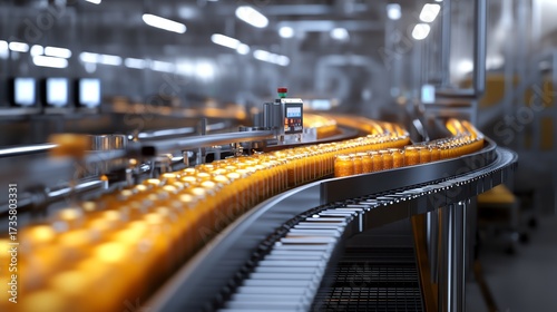 High-quality image showcasing food processing machinery with conveyor belts carrying packaged goods in a well-lit factory setting.