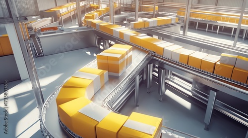 High-quality photo of food processing machinery featuring conveyor belts with packaged goods under factory lighting.