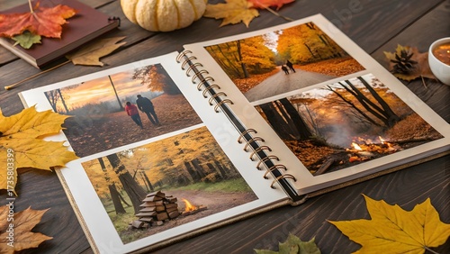 Open photo album showing autumn travel and family photos, surrounded by pumpkins and fall leaves on a wooden table.

