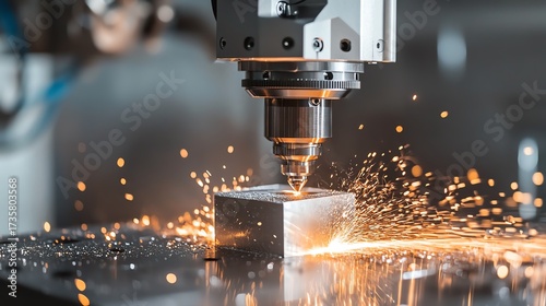 A close-up image of a CNC milling machine cutting through a metal block, showcasing sparks flying and intricate detail in the process.
