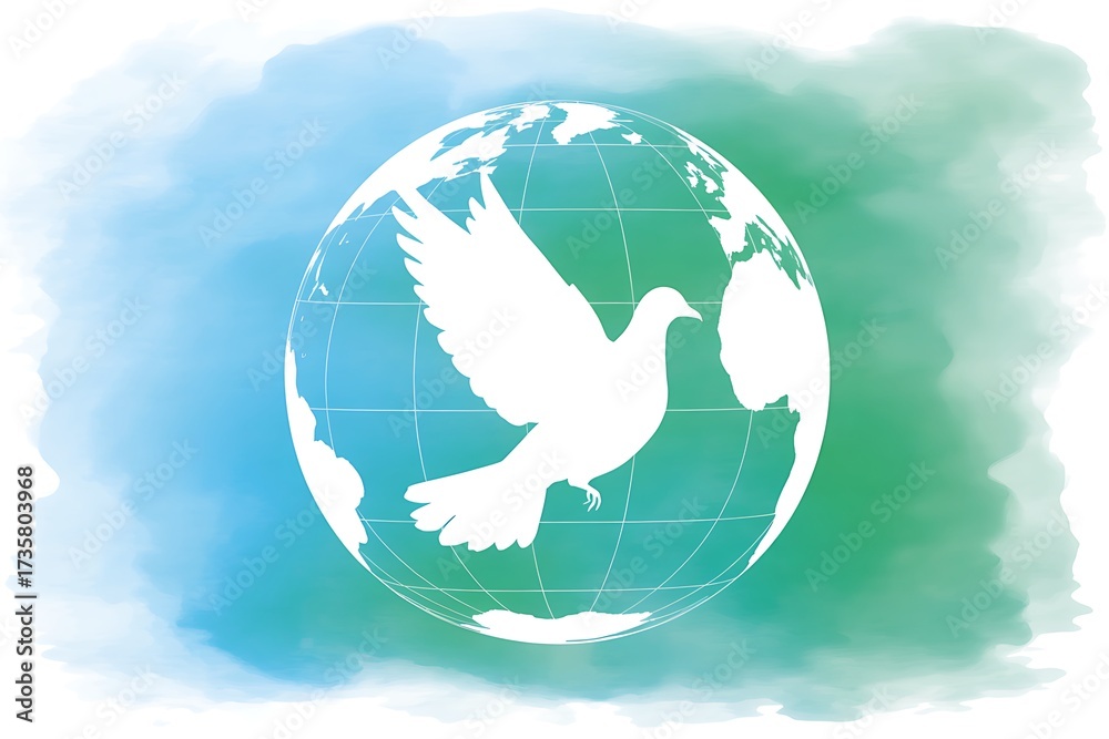 Naklejka premium Promote world peace with this elegant dove and globe design against a serene watercolor background offering hope and unity for a better future today