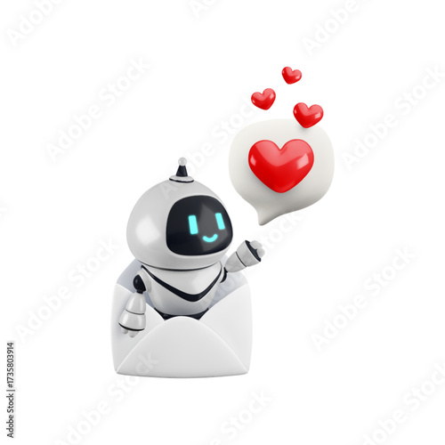 Vector cartoon 3d love message personal assistant. Realistic 3d render robot character, email envelope, speech bubble with heart. Romantic dating service chat bot, Valentines Day greetings