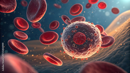 High-Resolution 3D Visualization of Cellular Activity in Bone Marrow or Bloodstream Macroscopic View of a White Blood Cell Amidst Erythrocytes in Hemopoietic Tissue