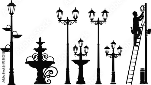 Vector illustration of ornate vintage street lamps, decorative fountain post, worker repairing lamp, elegant lantern designs, and classic outdoor lighting.