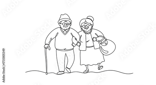 Elderly couple walking together simple line art illustration for family and relationship concepts is