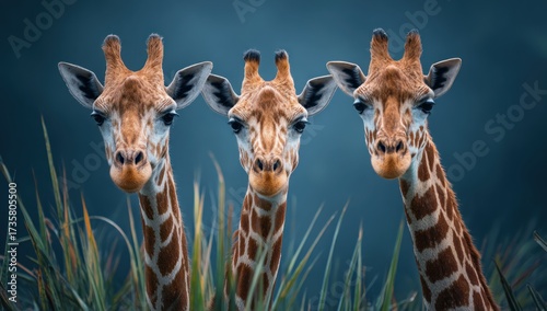 Three Giraffes Pose for Portrait in Lush Greenery.