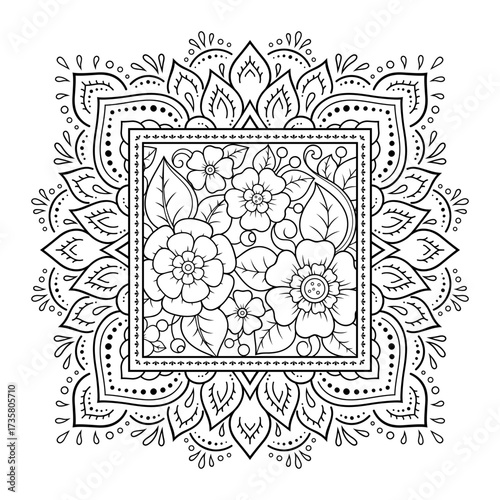 Decorative pattern of flowers and paisley for printing on fabric. Ornament for a bandana, a silk neckerchief, a tablecloth or a kerchief. Square sketch in tribal or oriental style.