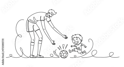 Father and son playing soccer simple line art illustration family activity concept