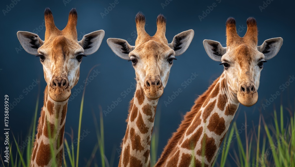 Obraz premium Three Giraffes Standing Together in the Wild.