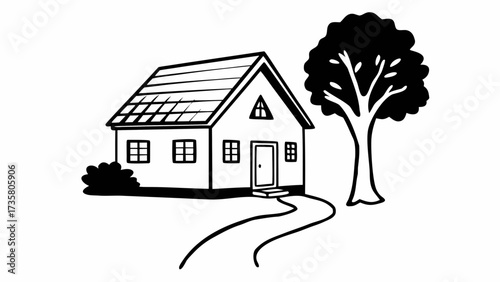 Illustration of a house with a tree and a path leading to the front door in black and white style created with generated ai 
